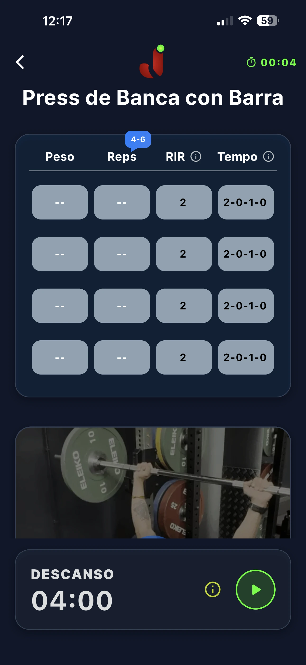 JFitGo — sesión con RIR y Tempo